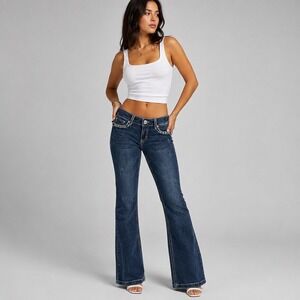 LA Idol USA Jeans Womens 11 Blue Bootcut Embellished Flap Pocket Dark Wash Y2K